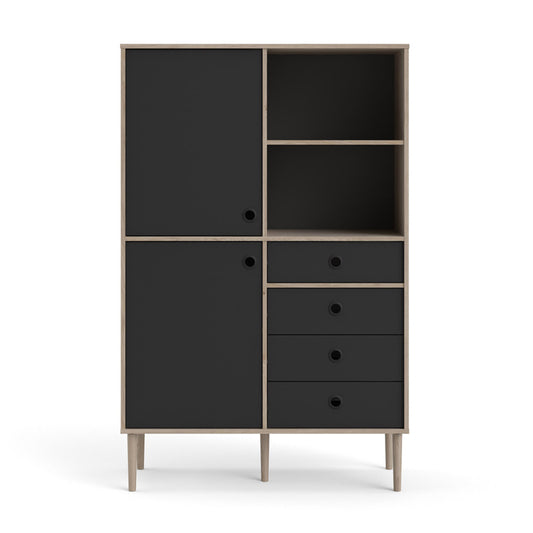 Bruxelles reol med 2 låger og 4 skuffer og 2 rum 99 x 154 cm i hickory dekor/sort