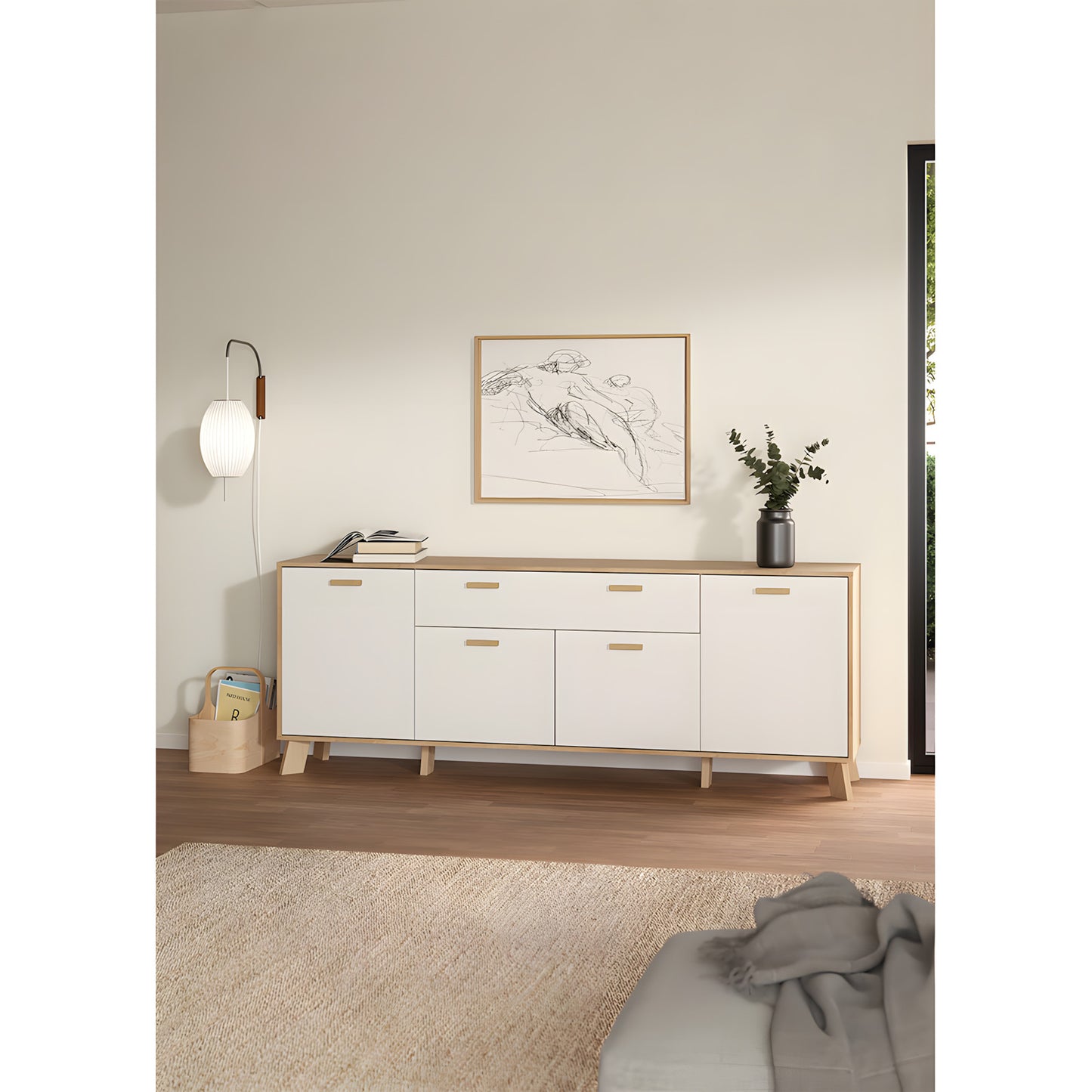 Sideboard Salzburg i egetræsdekor/hvid med 4 låger, 1 skuffe og 3 hylder, 196 x 40 x 73 cm