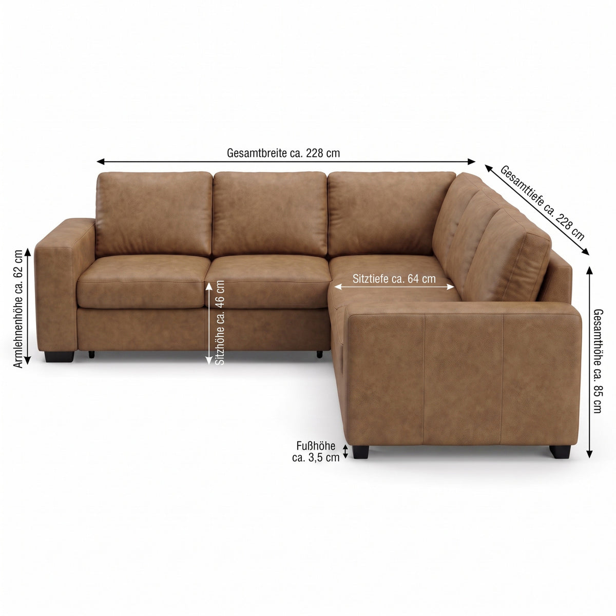 Hjørnesofa Oxford i brun med vendbar opbygning, sovefunktion og opbevaring, 228 x 228 x 85 cm