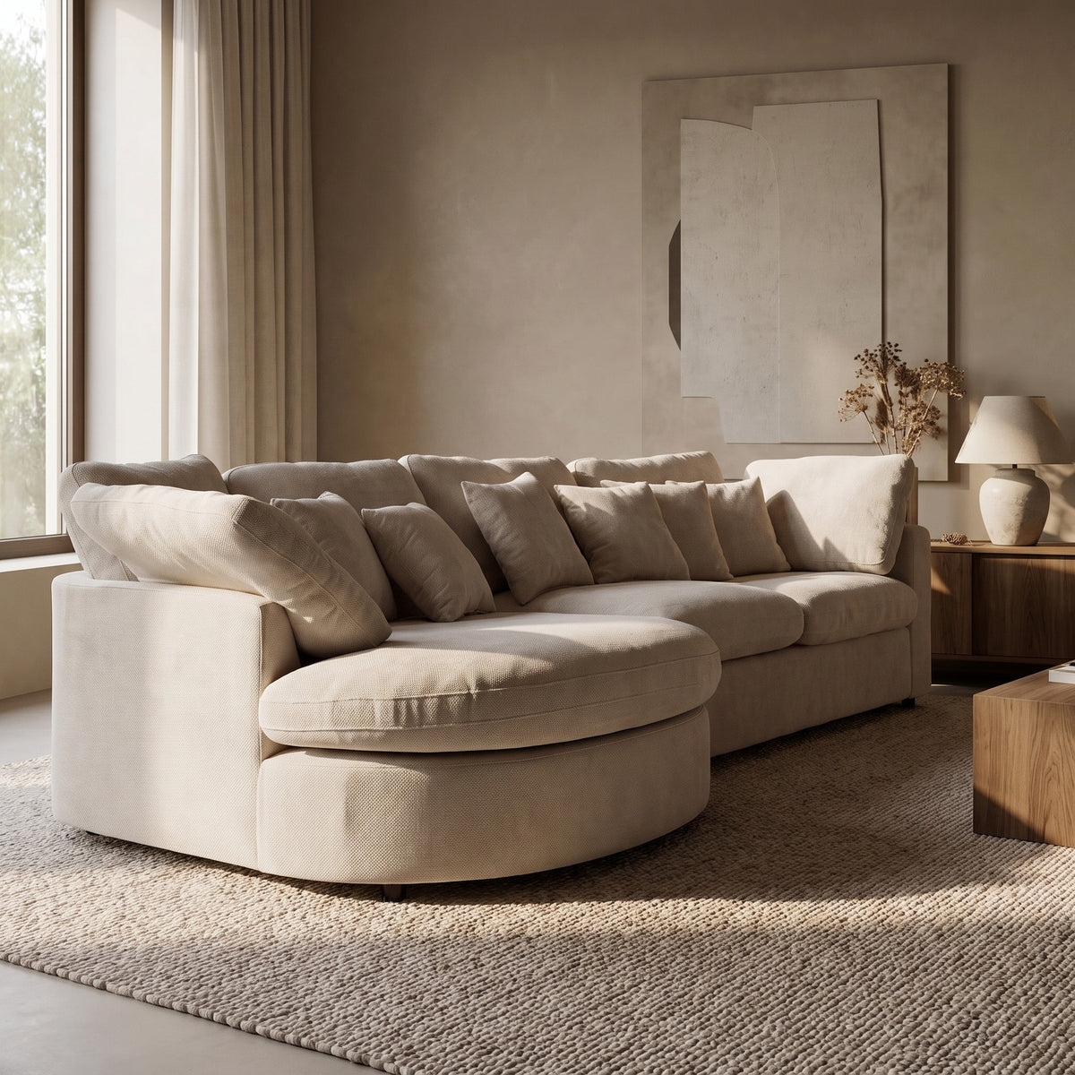 Innsbruck chaiselongsofa i bouclé, venstrevendt, inkl. 7 puder - 312 cm bredde