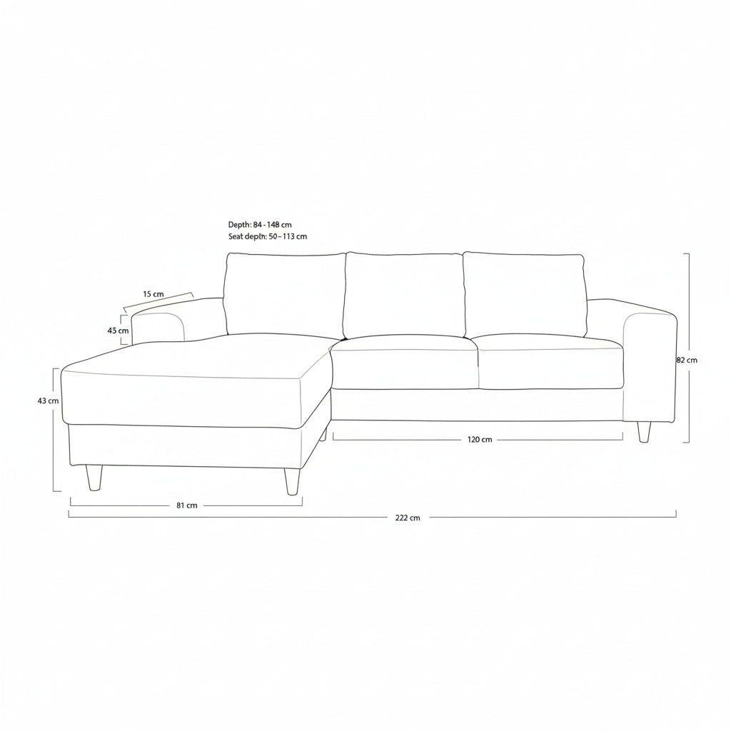 Toronto sofa med chaiselong venstrevendt 222 x 82 cm