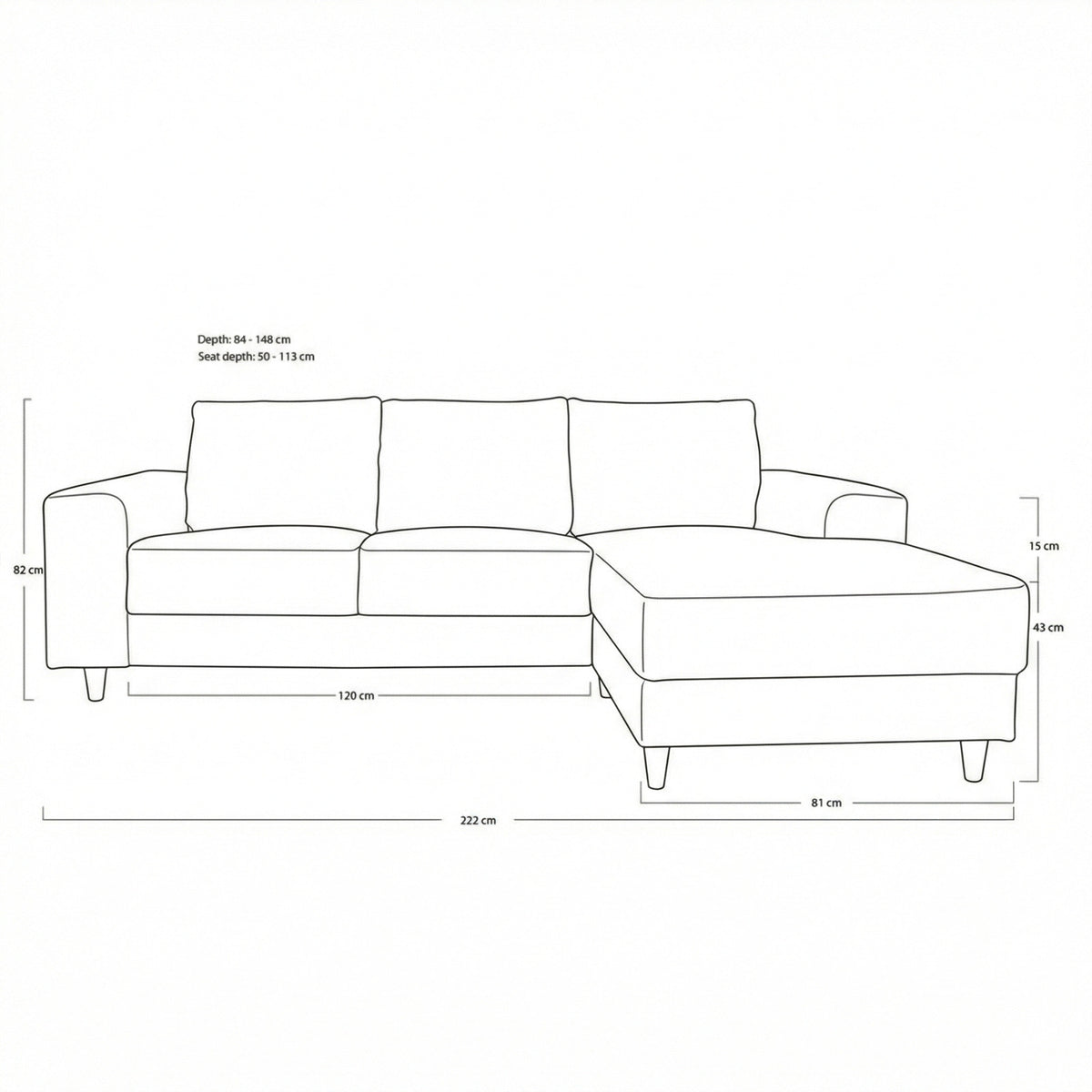 Toronto sofa med chaiselong højrevendt 222 x 82 cm