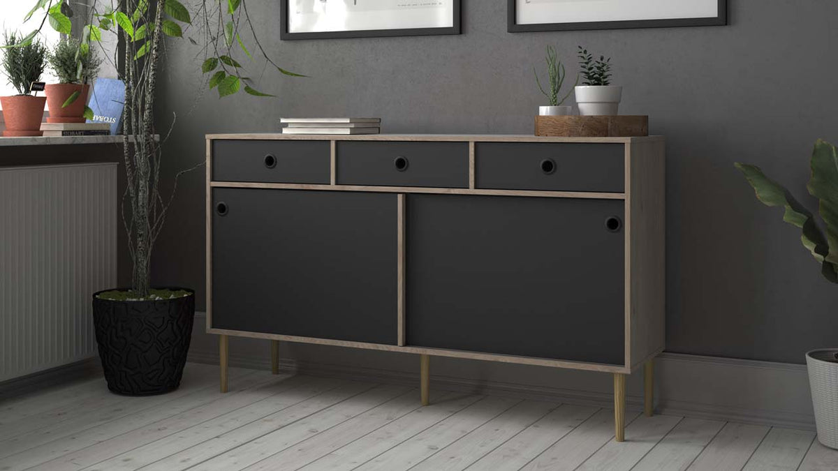 Bruxelles skænk med 3 skuffer og 2 skydelåger 148 x 89 cm i hickory dekor/sort