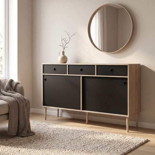 Bruxelles skænk med 3 skuffer og 2 skydelåger 148 x 89 cm i hickory dekor/sort