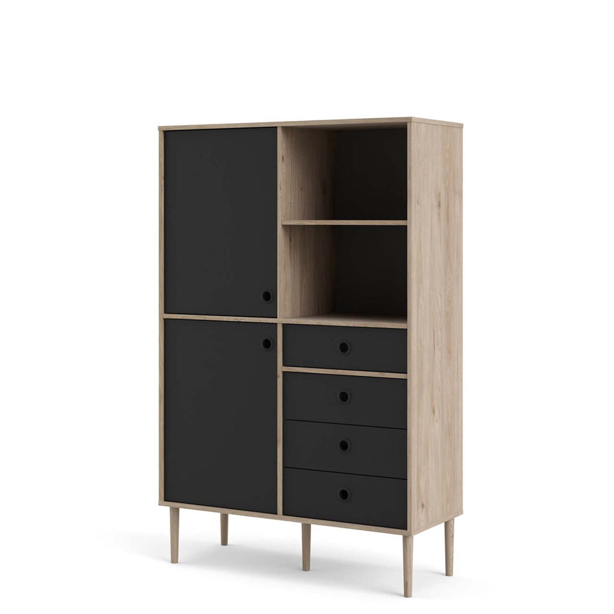Bruxelles reol med 2 låger og 4 skuffer og 2 rum 99 x 154 cm i hickory dekor/sort