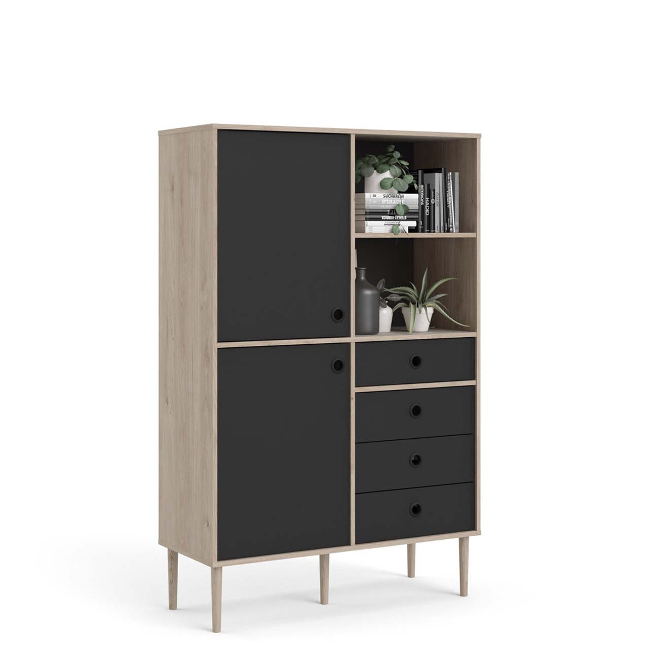 Bruxelles reol med 2 låger og 4 skuffer og 2 rum 99 x 154 cm i hickory dekor/sort