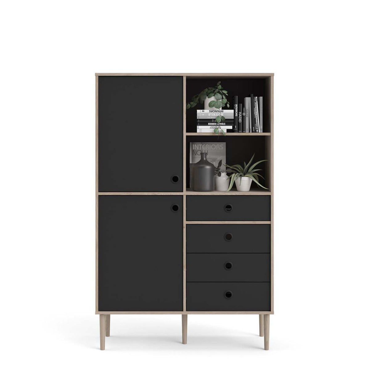 Bruxelles reol med 2 låger og 4 skuffer og 2 rum 99 x 154 cm i hickory dekor/sort