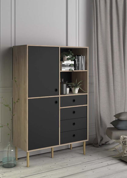 Bruxelles reol med 2 låger og 4 skuffer og 2 rum 99 x 154 cm i hickory dekor/sort