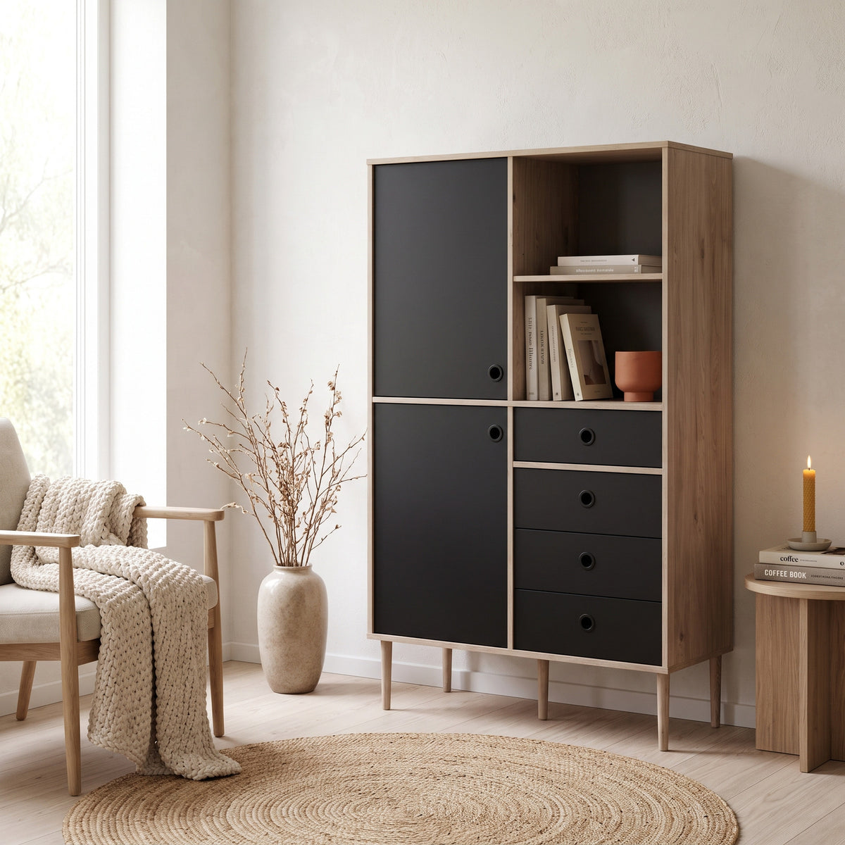 Bruxelles reol med 2 låger og 4 skuffer og 2 rum 99 x 154 cm i hickory dekor/sort