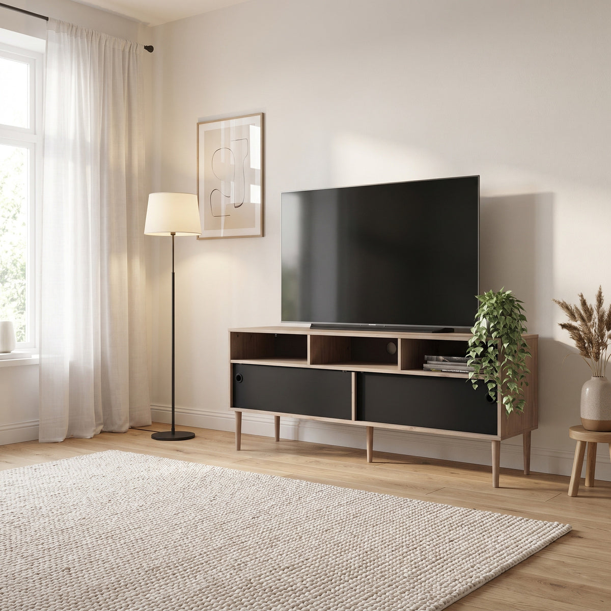 Bruxelles tv-bord med 3 rum og 2 skydelåger 148 x 64 cm
