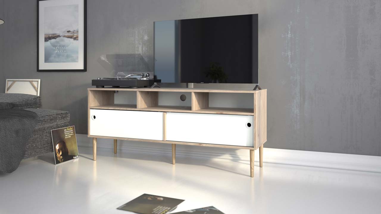 Bruxelles tv-bord med 3 rum og 2 skydelåger 148 x 64 cm
