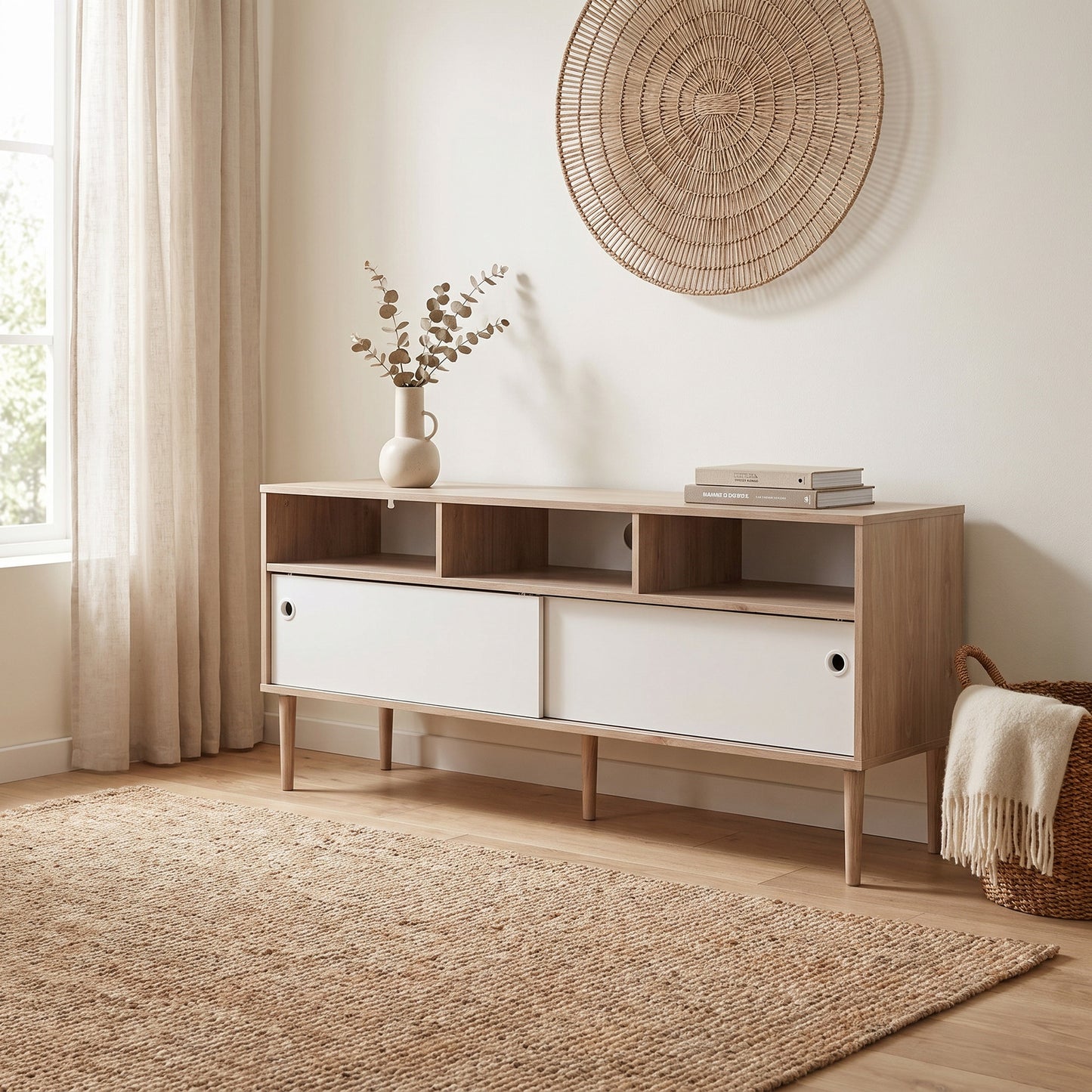 Bruxelles tv-bord med 3 rum og 2 skydelåger 148 x 64 cm