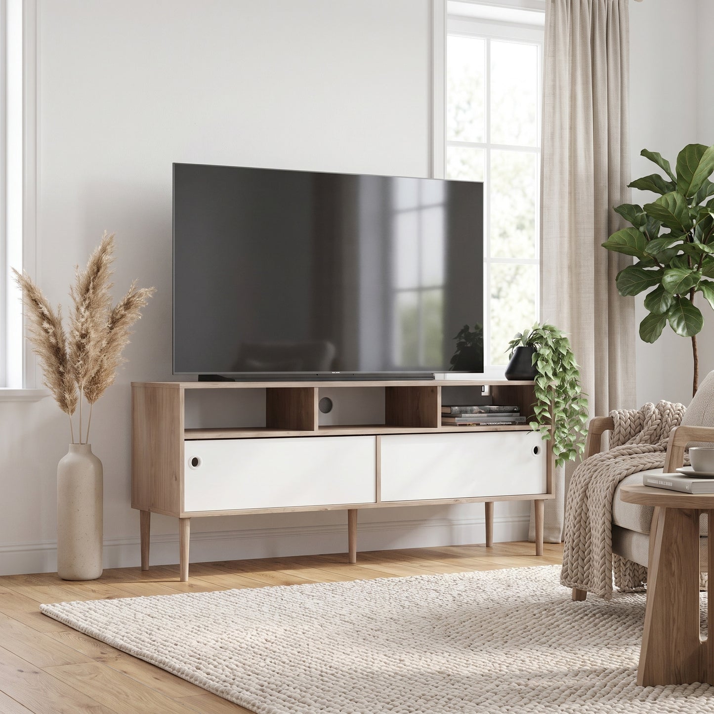 Bruxelles tv-bord med 3 rum og 2 skydelåger 148 x 64 cm
