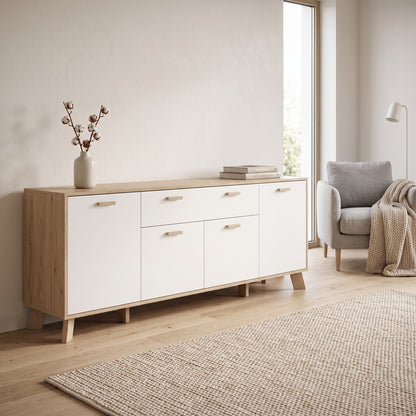Sideboard Salzburg i egetræsdekor/hvid med 4 låger, 1 skuffe og 3 hylder, 196 x 40 x 73 cm