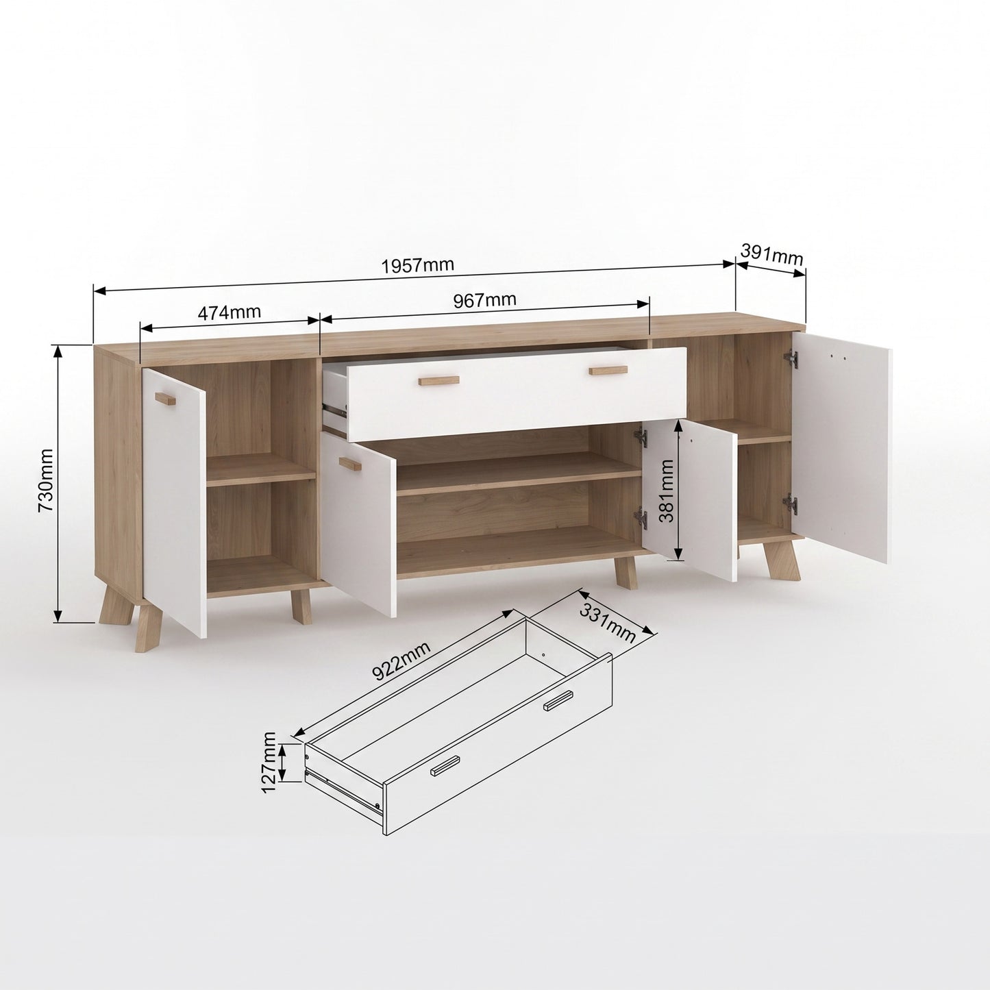 Sideboard Salzburg i egetræsdekor/hvid med 4 låger, 1 skuffe og 3 hylder, 196 x 40 x 73 cm