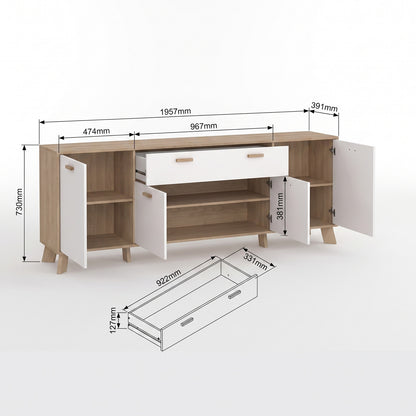 Sideboard Salzburg i egetræsdekor/hvid med 4 låger, 1 skuffe og 3 hylder, 196 x 40 x 73 cm