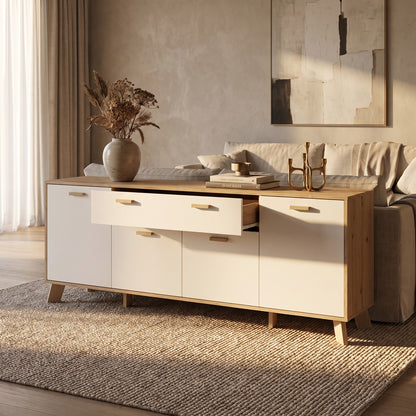Sideboard Salzburg i egetræsdekor/hvid med 4 låger, 1 skuffe og 3 hylder, 196 x 40 x 73 cm