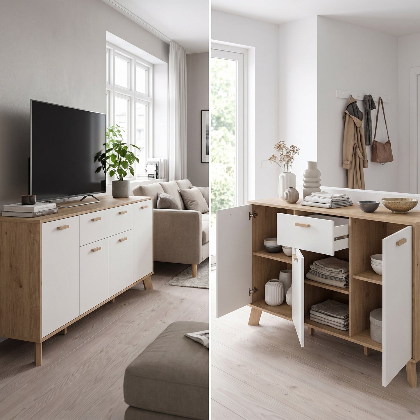 Sideboard Salzburg i egetræsdekor/hvid med 4 låger, 1 skuffe og 3 hylder, 196 x 40 x 73 cm