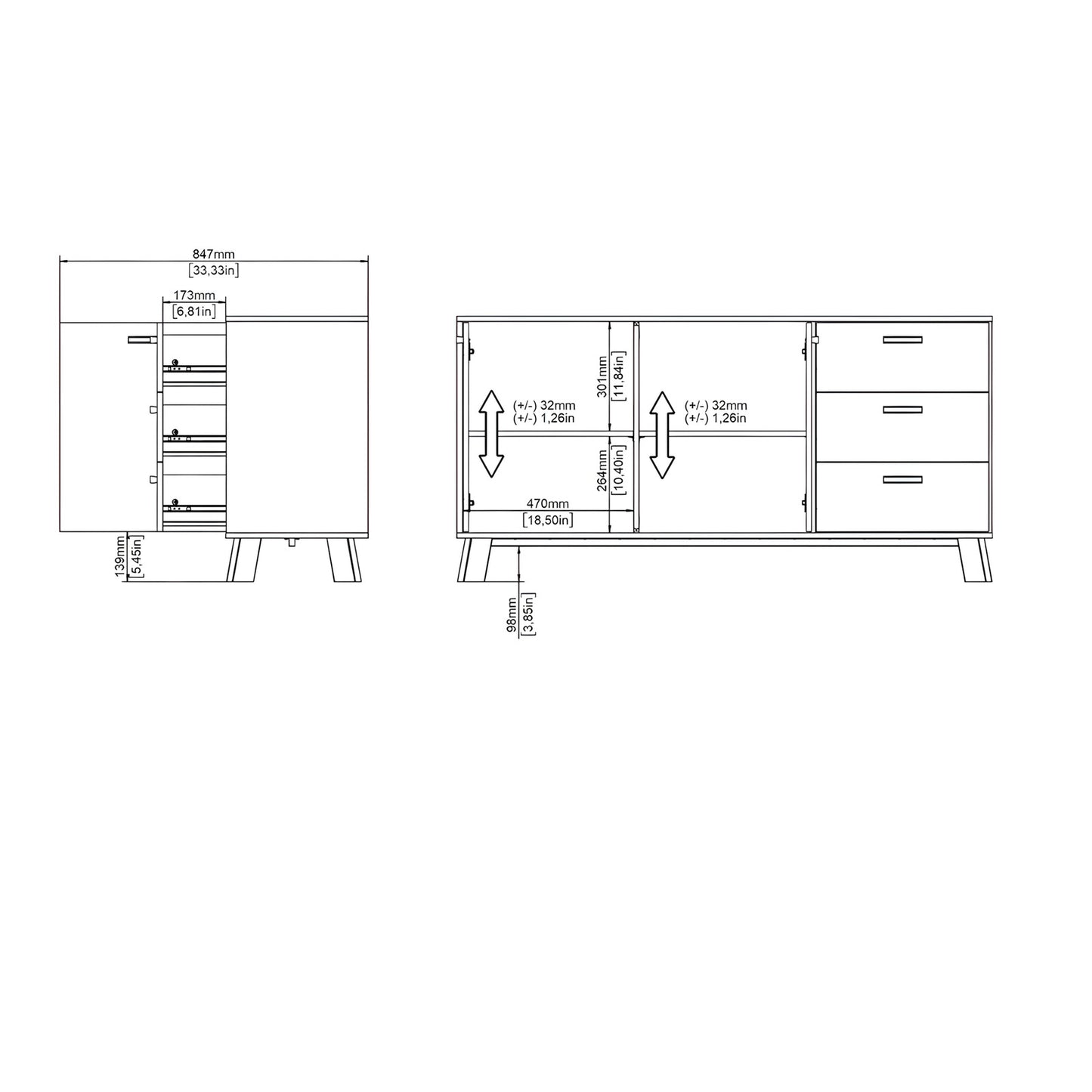 Sideboard Salzburg i egetræsdekor/hvid med 2 låger, 3 skuffer og 2 hylder, 148 x 40 x 73 cm