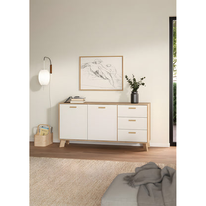 Sideboard Salzburg i egetræsdekor/hvid med 2 låger, 3 skuffer og 2 hylder, 148 x 40 x 73 cm