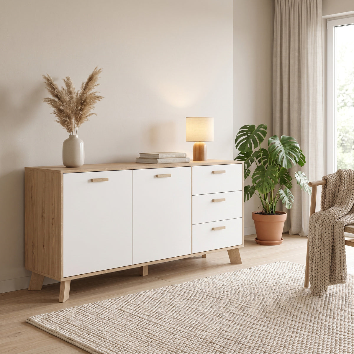 Sideboard Salzburg i egetræsdekor/hvid med 2 låger, 3 skuffer og 2 hylder, 148 x 40 x 73 cm