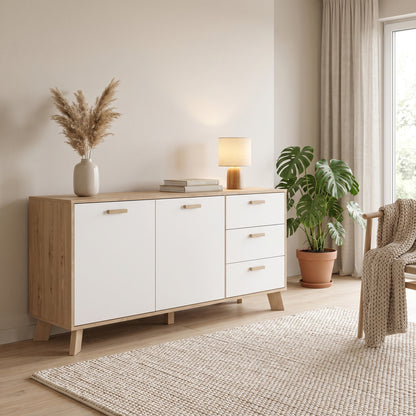 Sideboard Salzburg i egetræsdekor/hvid med 2 låger, 3 skuffer og 2 hylder, 148 x 40 x 73 cm