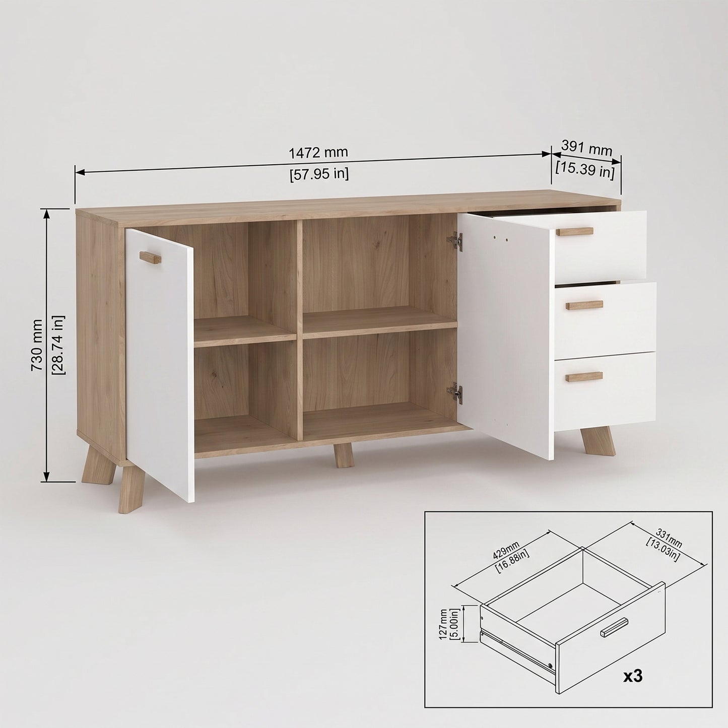 Sideboard Salzburg i egetræsdekor/hvid med 2 låger, 3 skuffer og 2 hylder, 148 x 40 x 73 cm