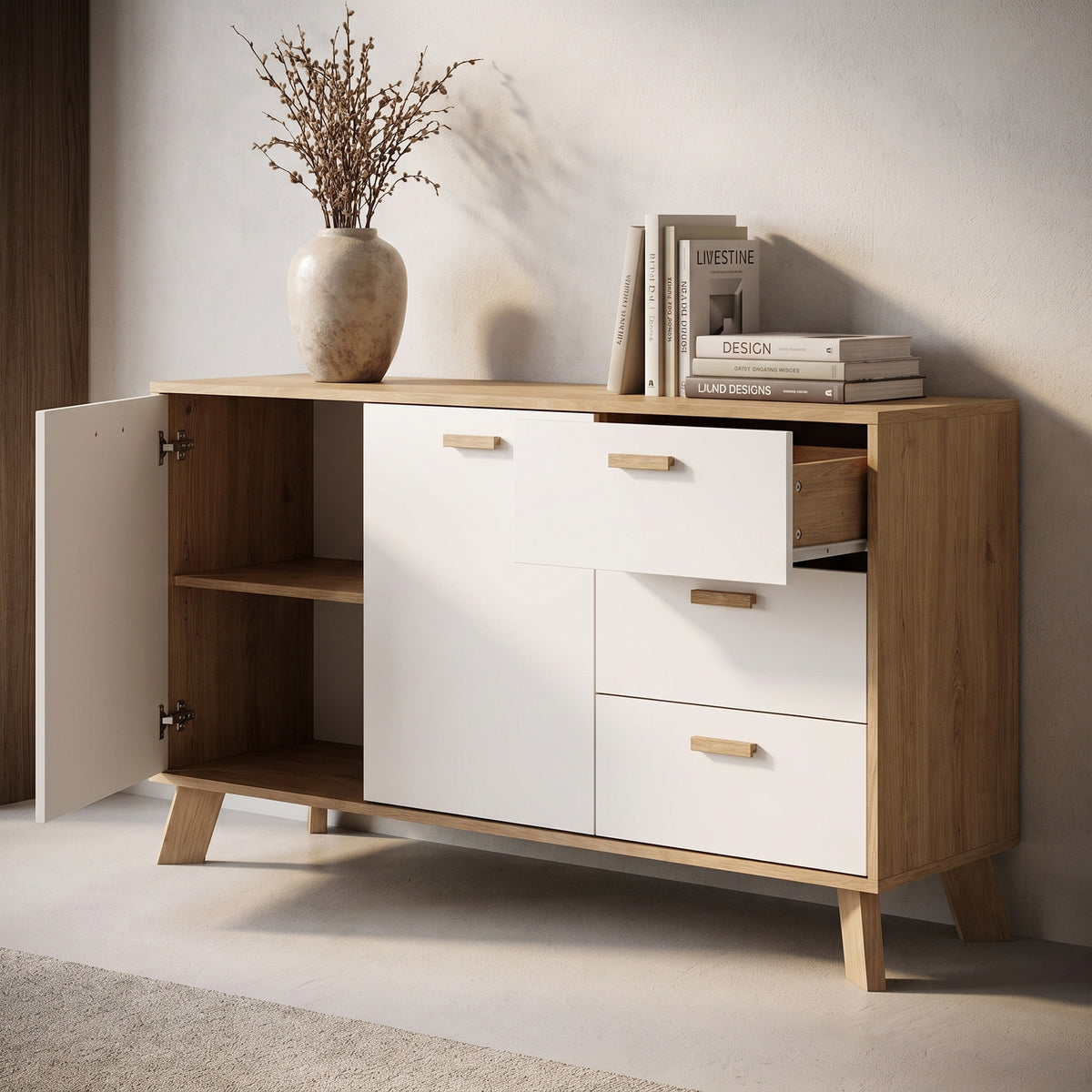 Sideboard Salzburg i egetræsdekor/hvid med 2 låger, 3 skuffer og 2 hylder, 148 x 40 x 73 cm