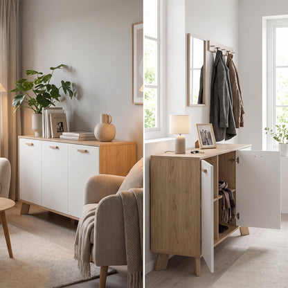 Sideboard Salzburg i egetræsdekor/hvid med 2 låger, 3 skuffer og 2 hylder, 148 x 40 x 73 cm