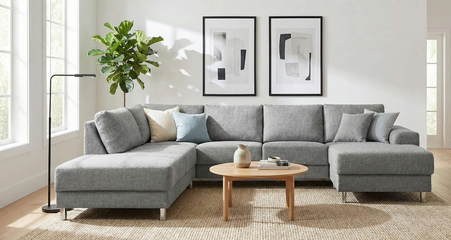 Milano hjørnesofa med chaiselong højrevendt 287 x 80 cm i lysegrå