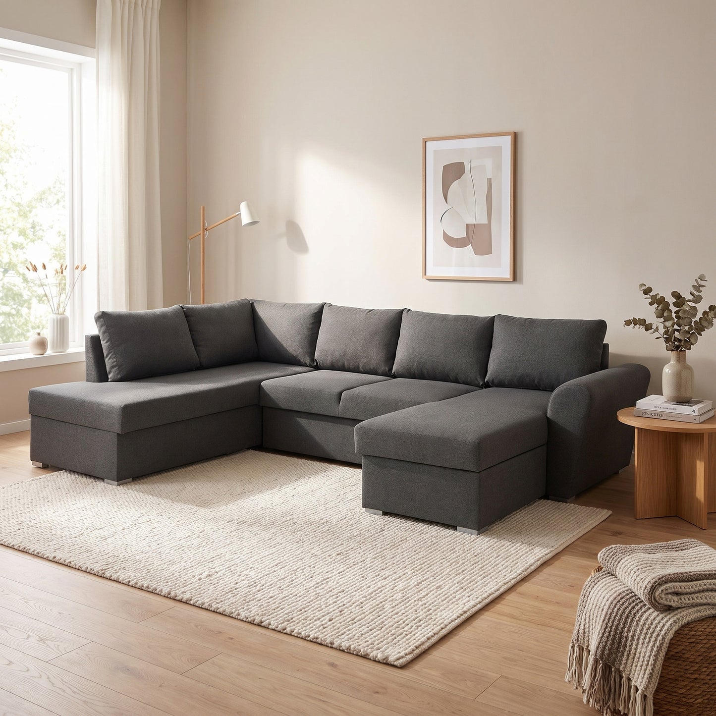 Tromso sovesofa med chaiselong med opbevaring venstrevendt 297 x 85 cm i grå