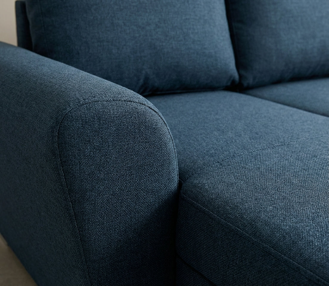 Tromso sovesofa med chaiselong med opbevaring venstrevendt 296 x 85 cm i blå