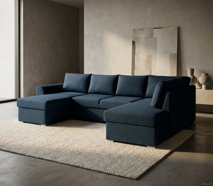 Tromso sovesofa med chaiselong med opbevaring venstrevendt 296 x 85 cm i blå