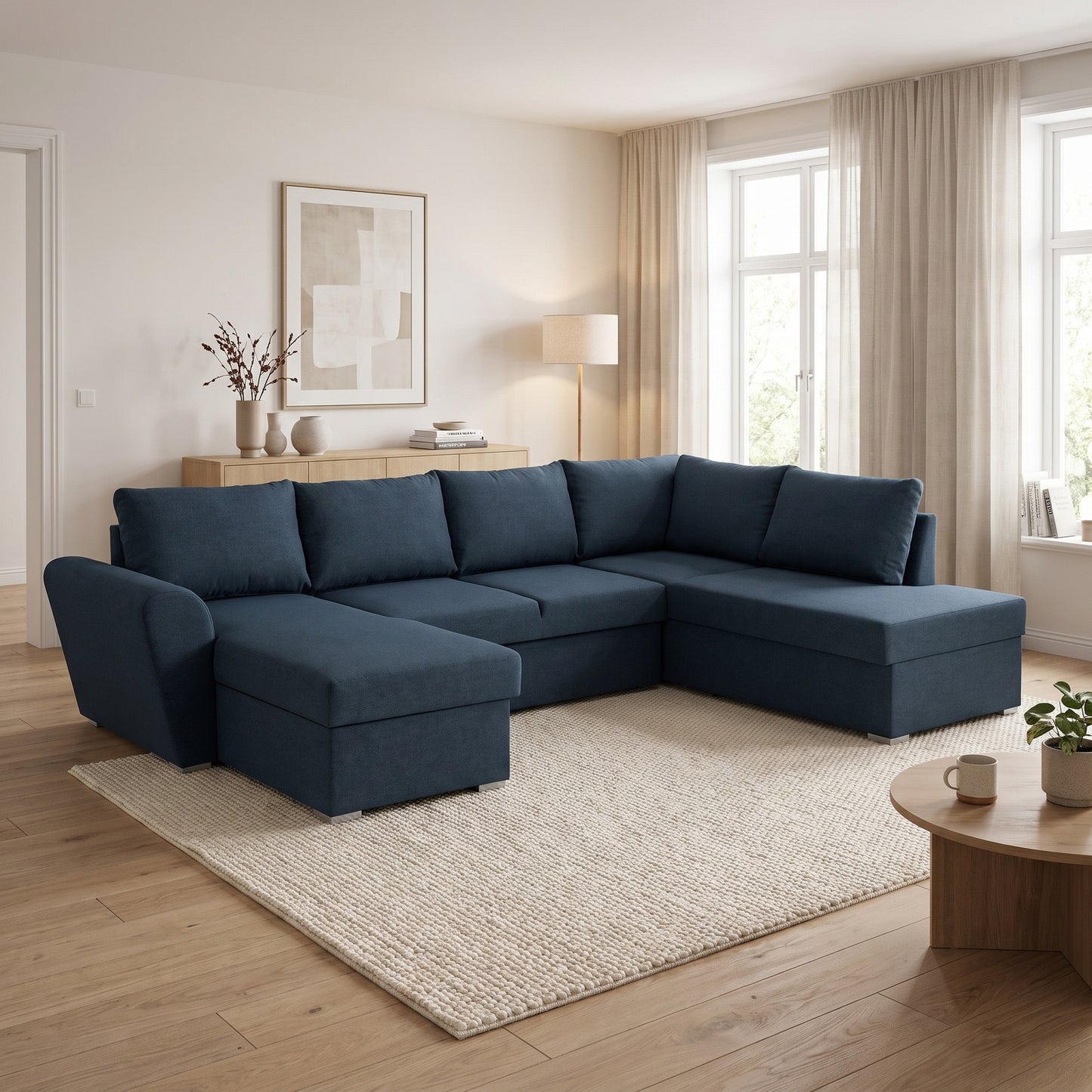 Tromso sovesofa med chaiselong med opbevaring venstrevendt 296 x 85 cm i blå