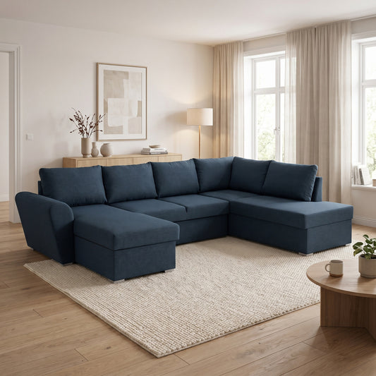 Tromso sovesofa med chaiselong med opbevaring venstrevendt 296 x 85 cm i blå