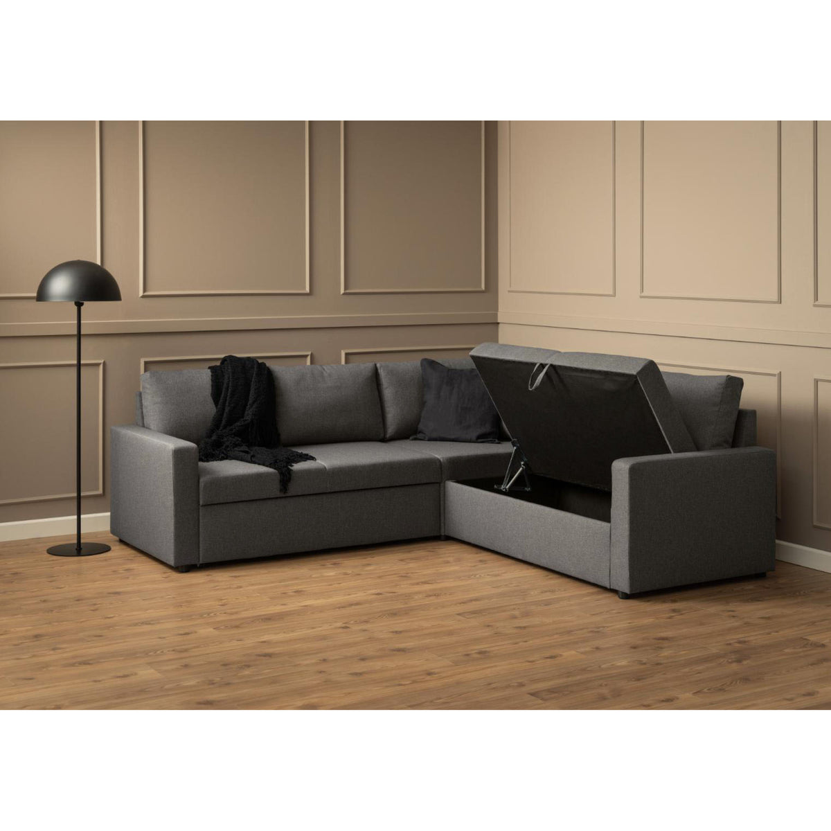 Hjørnesofa Oxford i brun med vendbar opbygning, sovefunktion og opbevaring, 228 x 228 x 85 cm