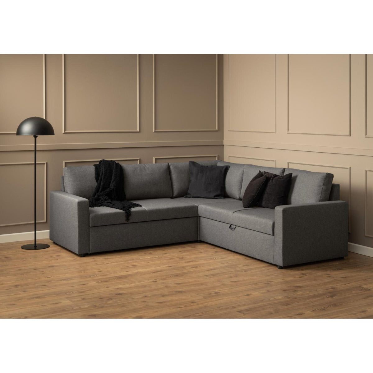 Hjørnesofa Oxford i brun med vendbar opbygning, sovefunktion og opbevaring, 228 x 228 x 85 cm