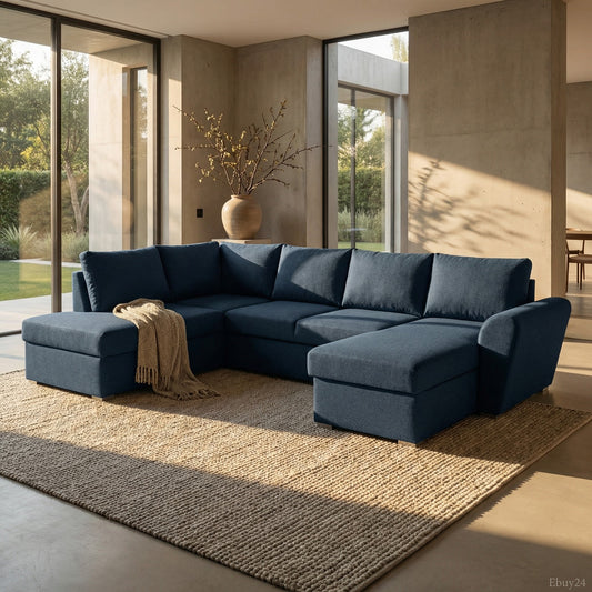 Tromso sovesofa med chaiselong med opbevaring venstrevendt 296 x 85 cm i blå