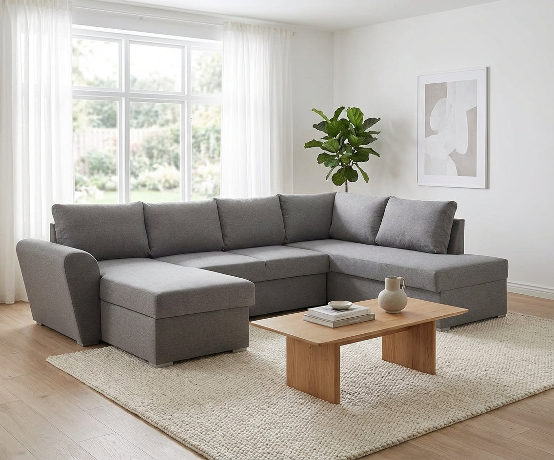 Genoa sovesofa med chaiselong med opbevaring venstrevendt 296 x 85 cm i lysegrå