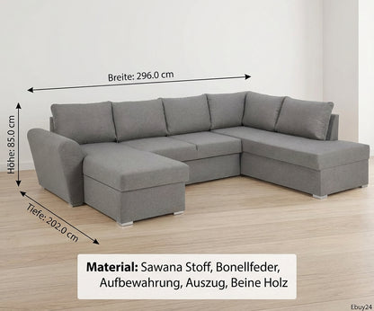 Genoa sovesofa med chaiselong med opbevaring venstrevendt 296 x 85 cm i lysegrå