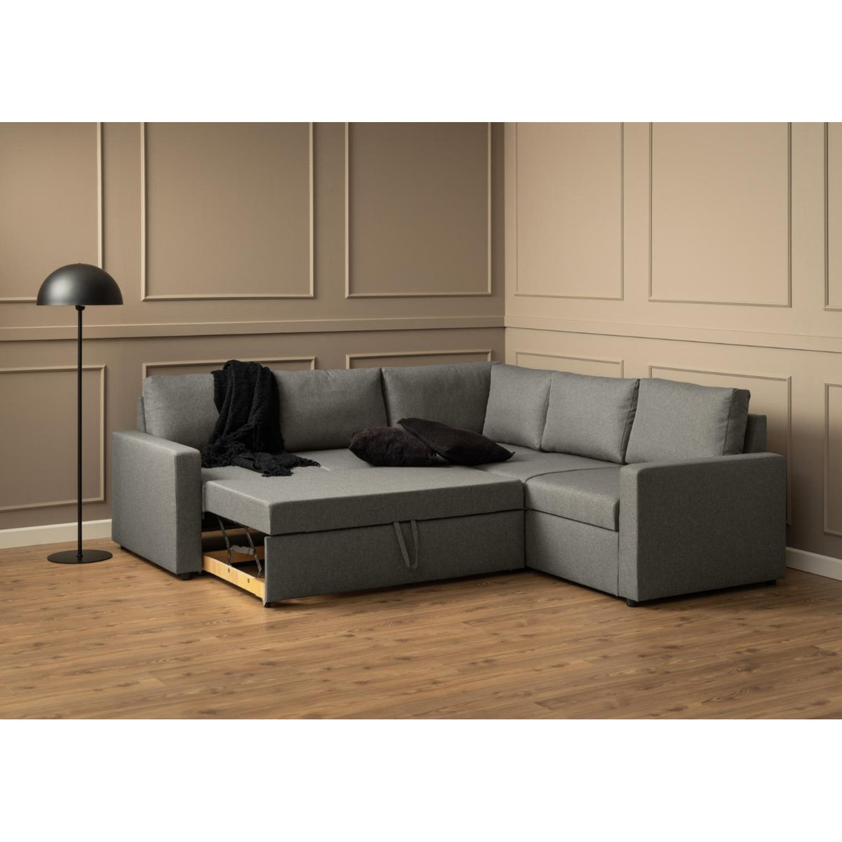 Hjørnesofa Oxford i brun med vendbar opbygning, sovefunktion og opbevaring, 228 x 228 x 85 cm