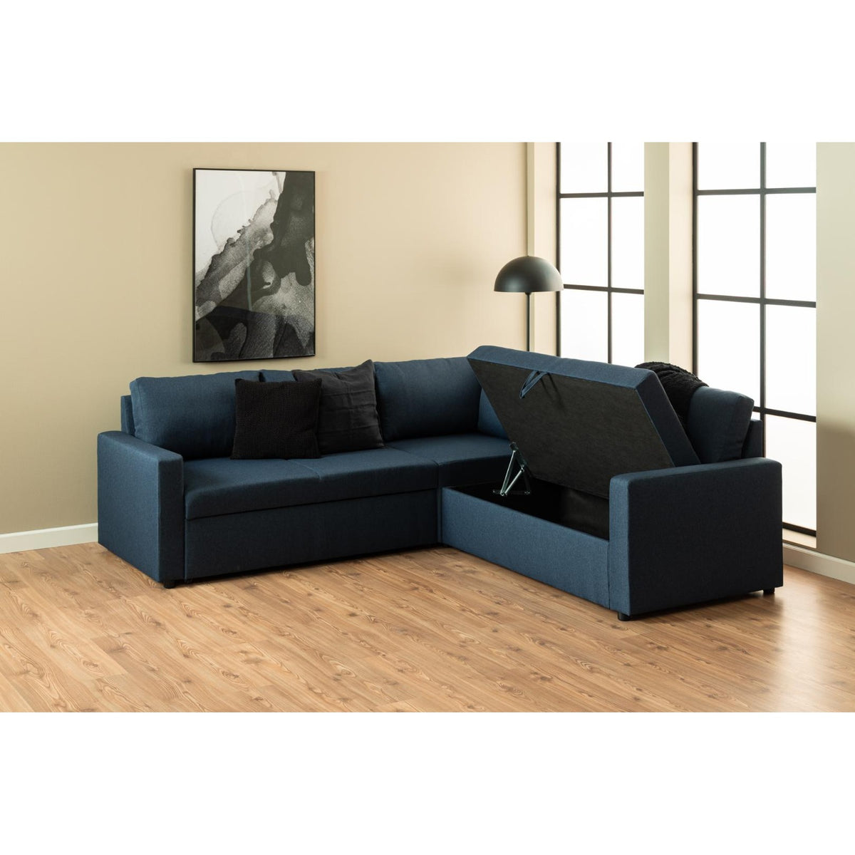 Hjørnesofa Oxford i brun med vendbar opbygning, sovefunktion og opbevaring, 228 x 228 x 85 cm