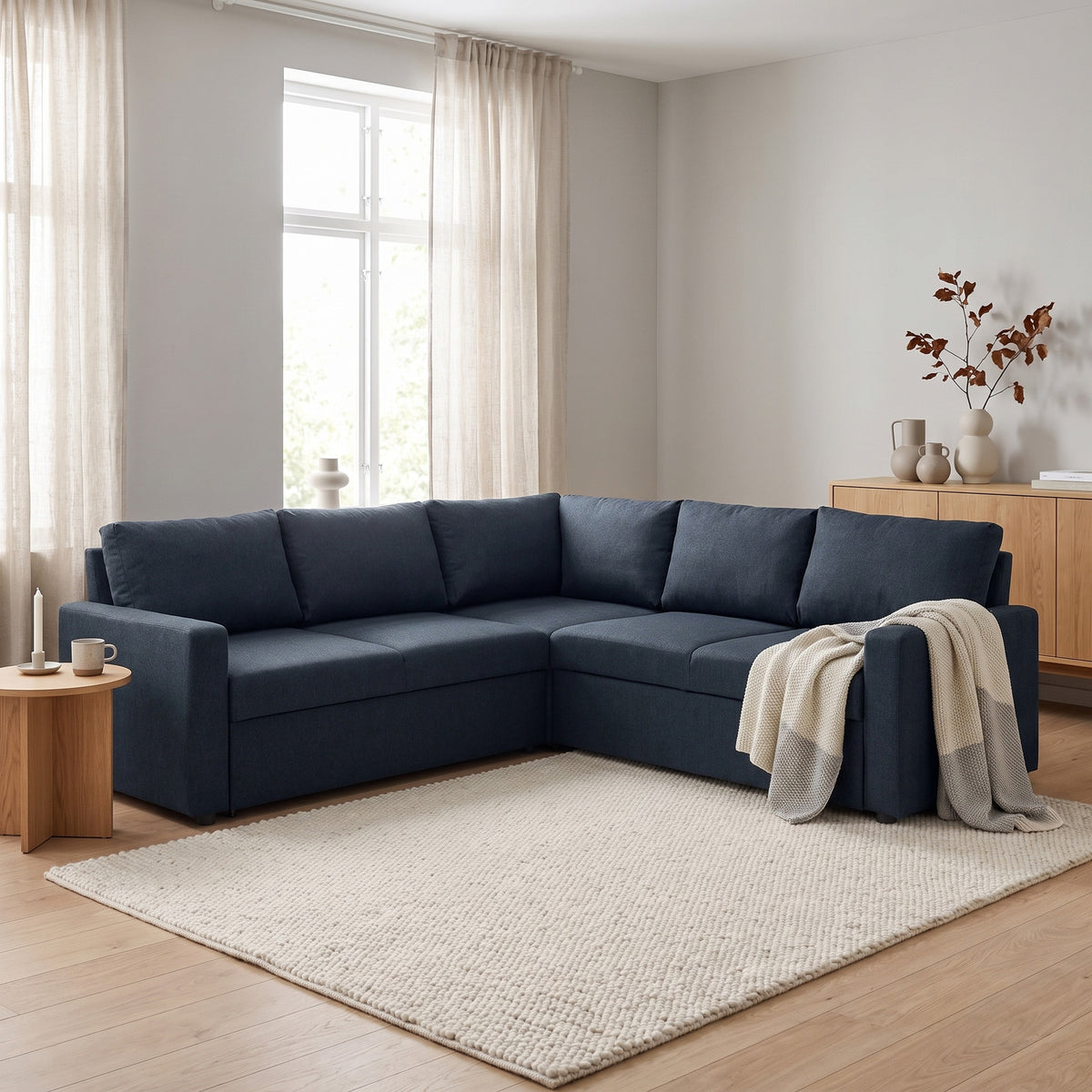 Hjørnesofa Oxford i brun med vendbar opbygning, sovefunktion og opbevaring, 228 x 228 x 85 cm