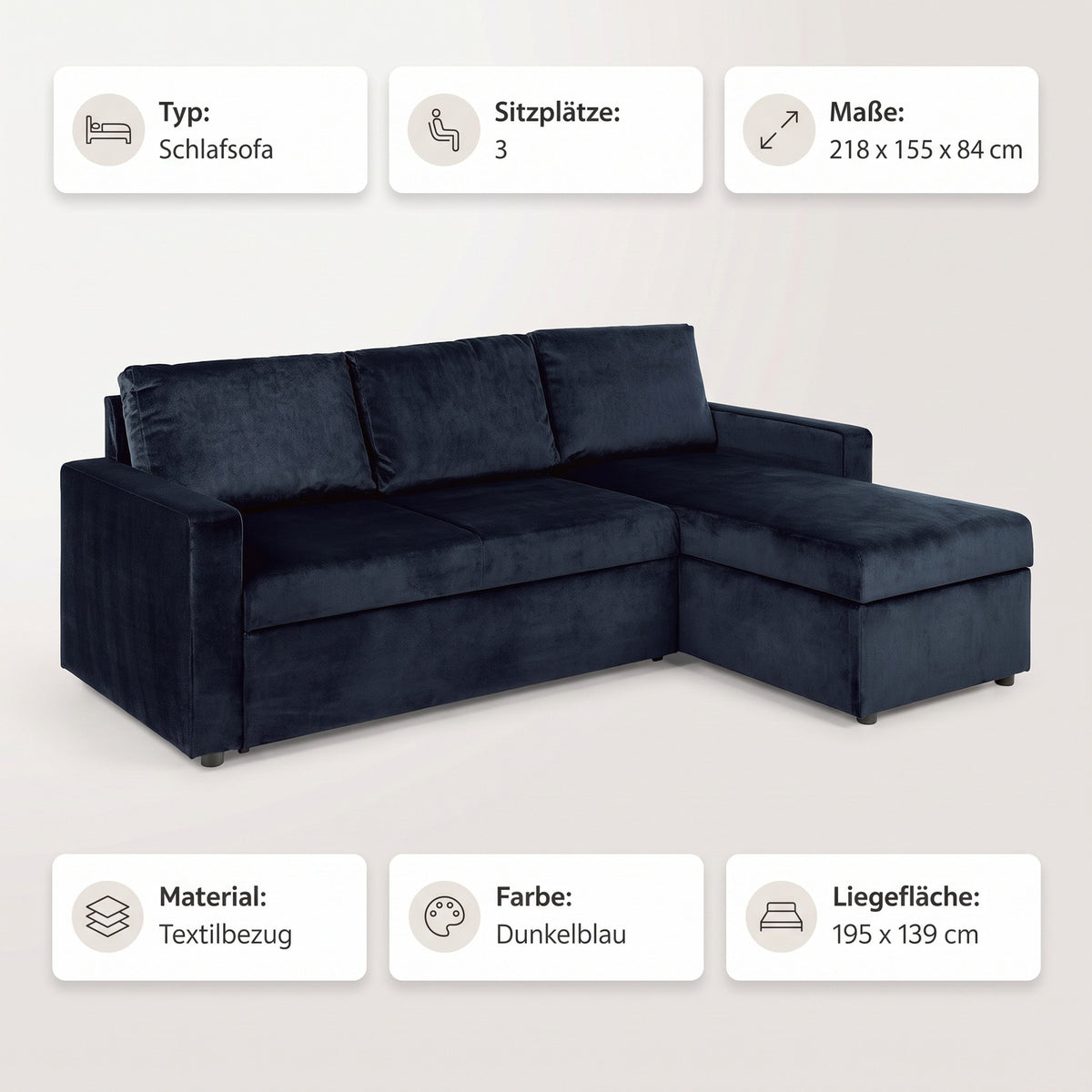 Oxford sovesofa med chaiselong med opbevaring vendbar 218 x 84 cm