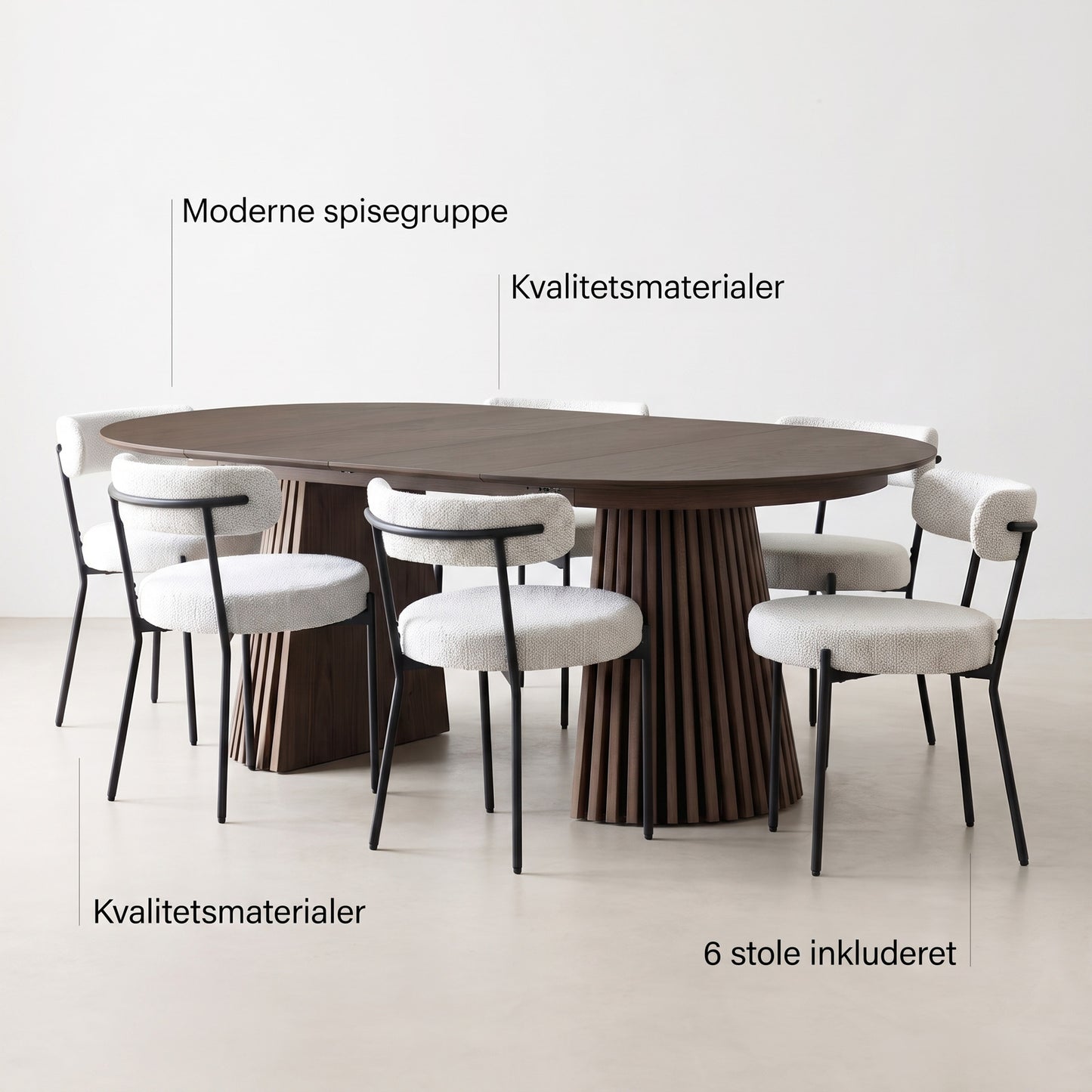 London spisebordssæt med udtrækkeligt spisebord Ø120-200 cm, 2 tillægsplader, 6 stole