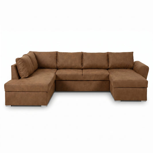 U-sofa Tromso i brun med chaiselong til højre, sovefunktion og opbevaring, 297 x 203 x 85 cm