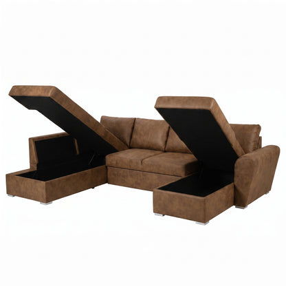 U-sofa Tromso i brun med chaiselong til højre, sovefunktion og opbevaring, 297 x 203 x 85 cm