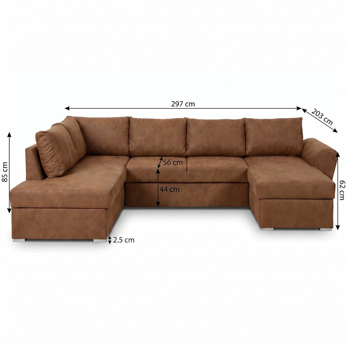 U-sofa Tromso i brun med chaiselong til højre, sovefunktion og opbevaring, 297 x 203 x 85 cm