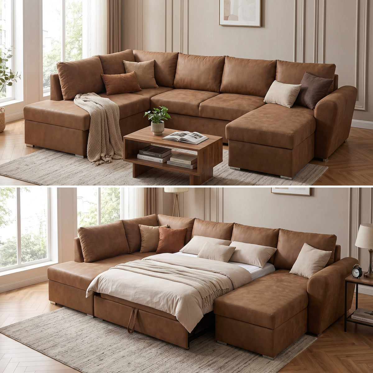 U-sofa Tromso i brun med chaiselong til højre, sovefunktion og opbevaring, 297 x 203 x 85 cm