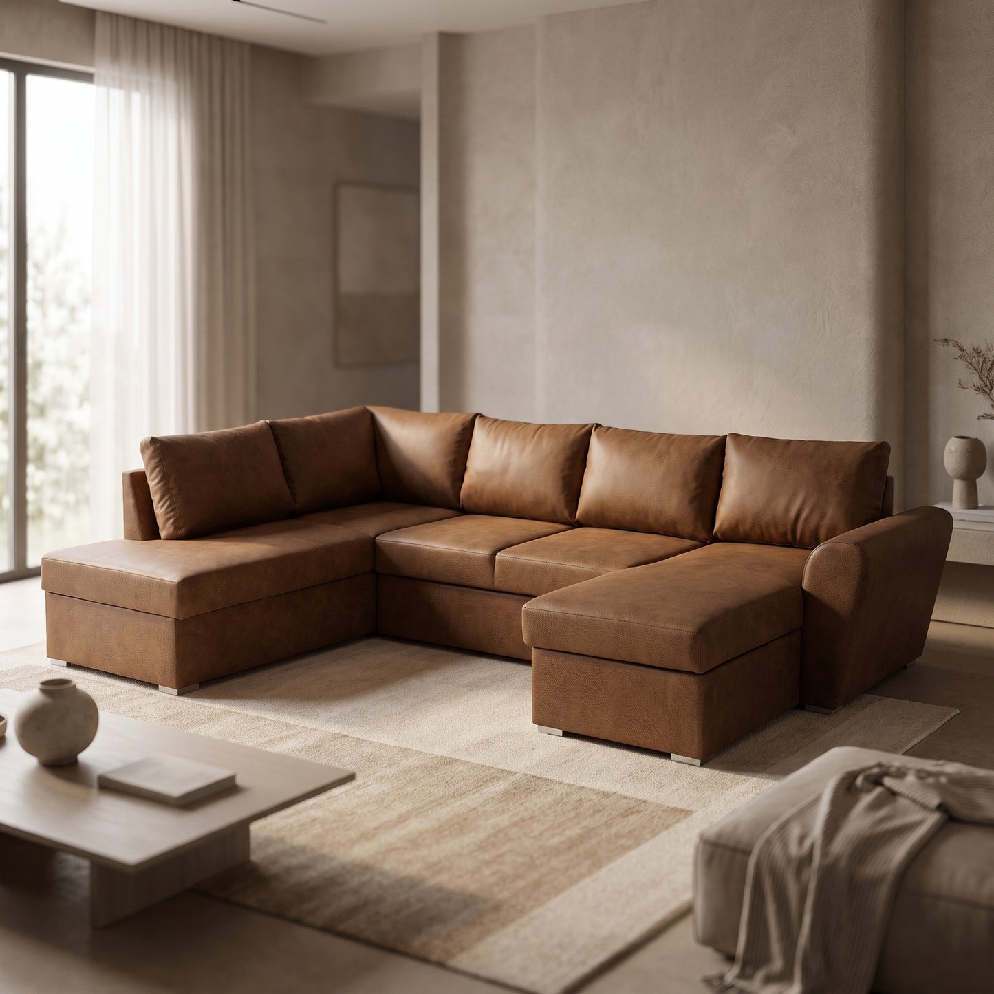 U-sofa Tromso i brun med chaiselong til højre, sovefunktion og opbevaring, 297 x 203 x 85 cm